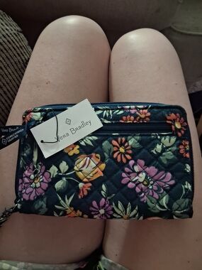 Vera Bradley Navy Floral Quilted Zip Wallet with Pink & Yellow Blooms